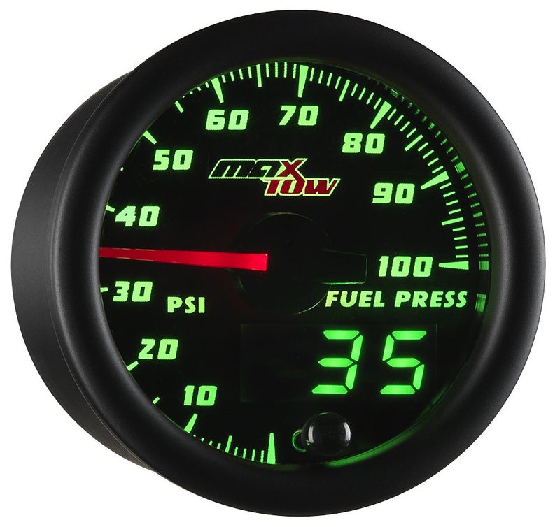 MaxTow Double Vision 100 PSI Fuel Pressure Gauge Kit - Includes 1/8-27 NPT Electronic Sensor & Wiring - Black Dial - Green LED Lighting - Analog & Digital Readouts - for Trucks - 2-1/16" 52mm - Image 1